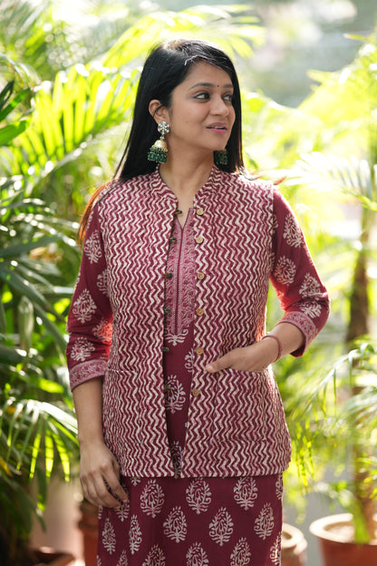 Red Zig-zag Kurta Pant with Jacket Set