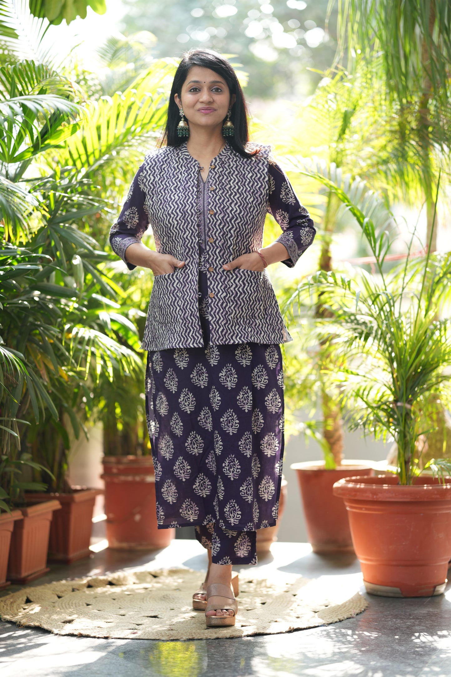Purple Zig-zag Kurta Pant with Jacket Set