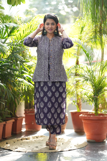 Purple Zig-zag Kurta Pant with Jacket Set