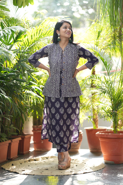 Purple Zig-zag Kurta Pant with Jacket Set