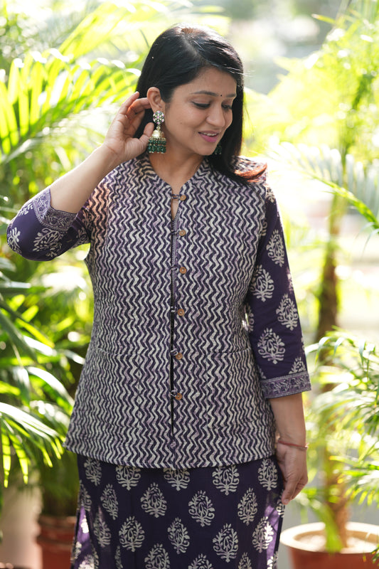 Purple Zig-zag Kurta Pant with Jacket Set