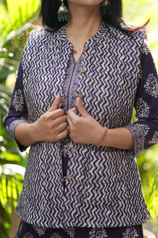 Purple Zig-zag Kurta Pant with Jacket Set