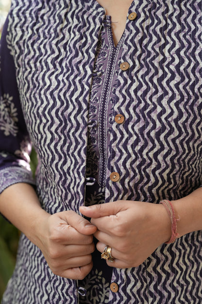 Purple Zig-zag Kurta Pant with Jacket Set