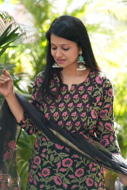 Aarohi Black Floral Cotton Handblock Suit Set