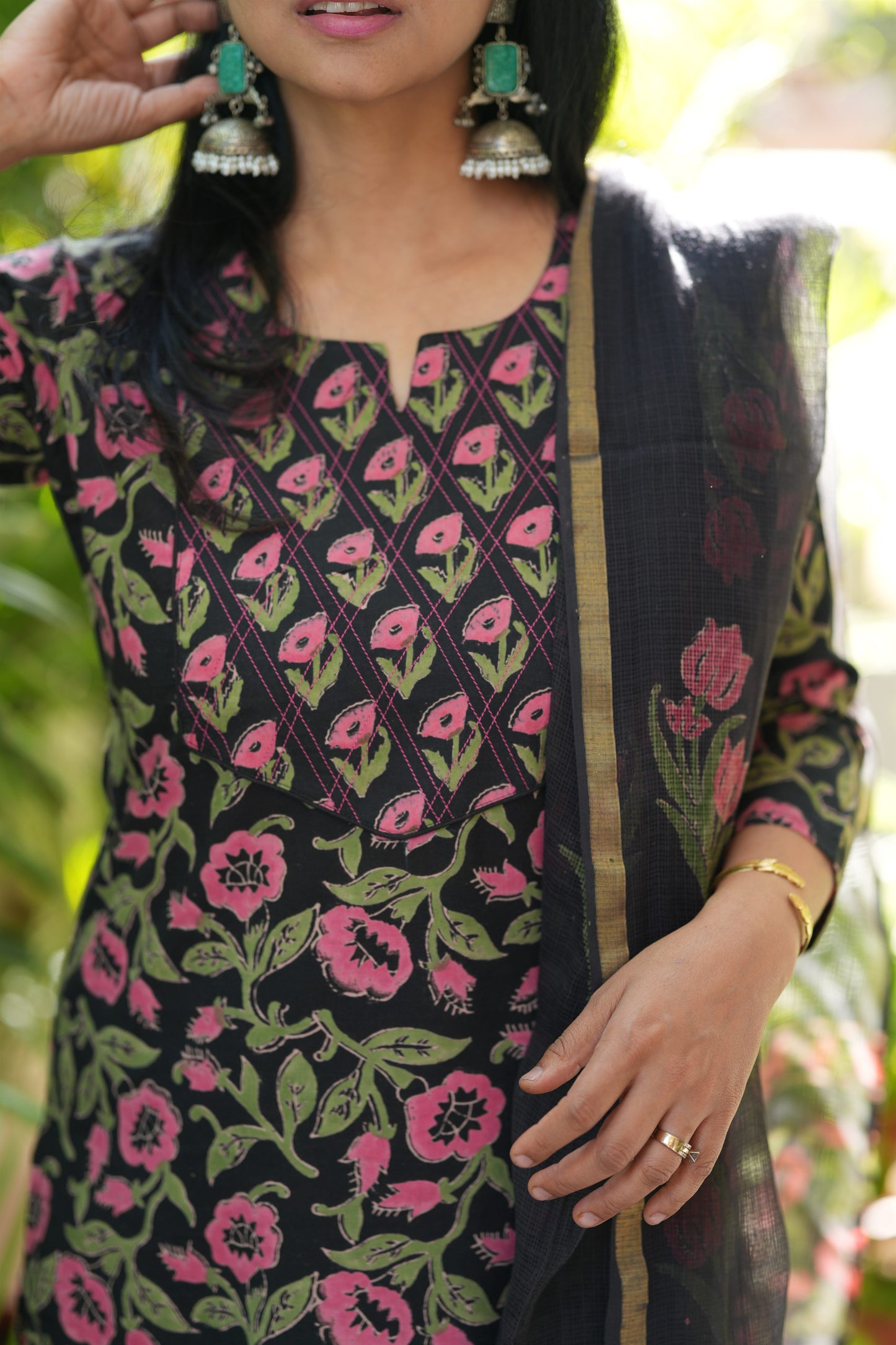 Aarohi Black Floral Cotton Handblock Suit Set
