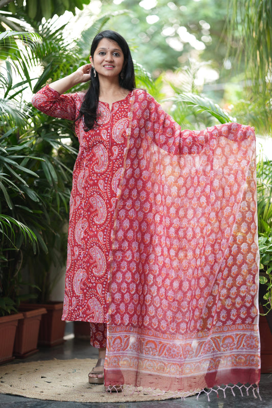 Ravishing Red Cotton Handblock Suit Set