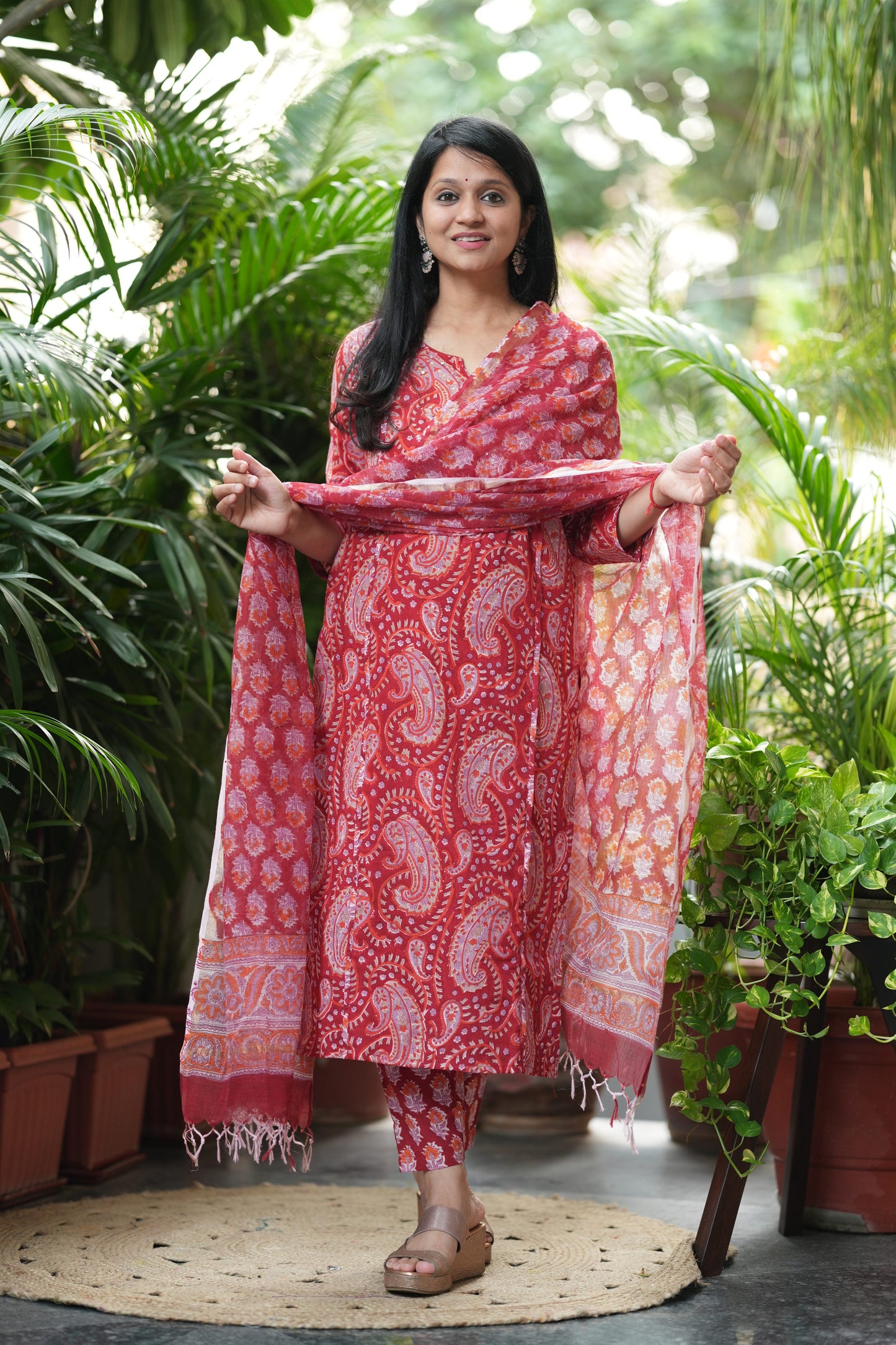 Ravishing Red Cotton Handblock Suit Set