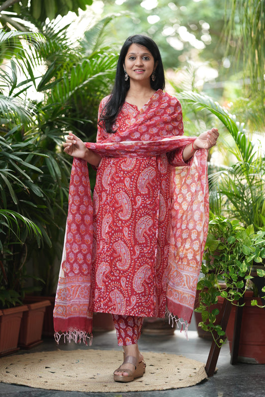 Ravishing Red Cotton Handblock Suit Set