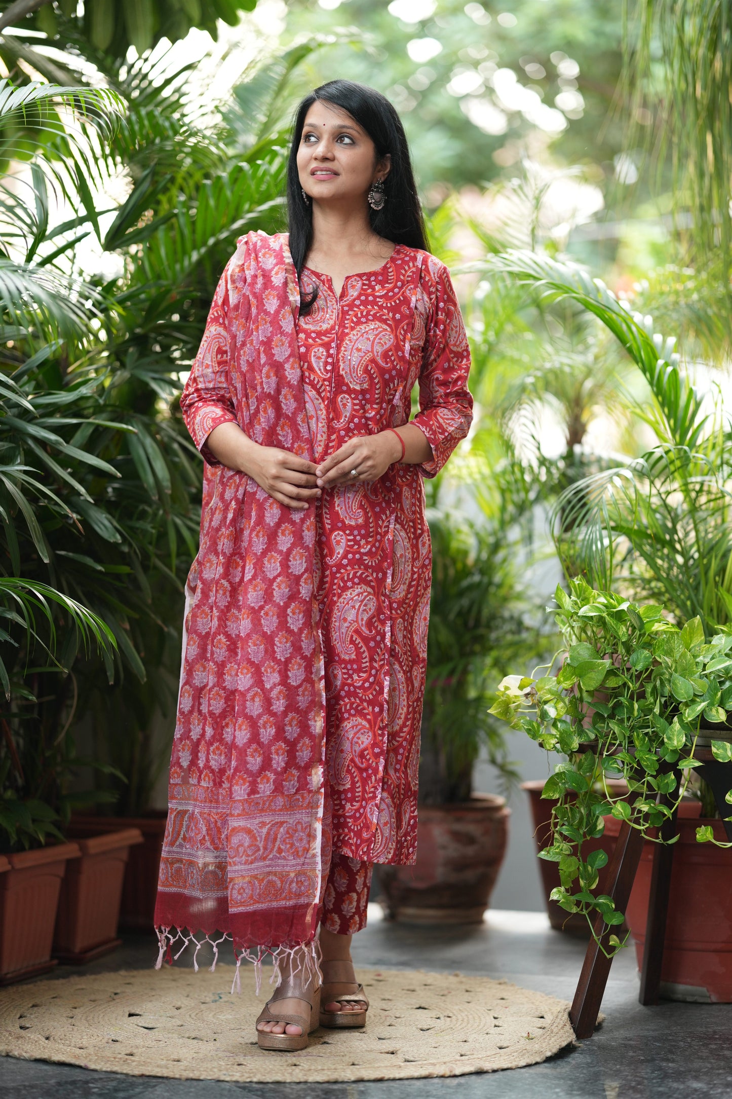 Ravishing Red Cotton Handblock Suit Set
