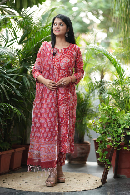 Ravishing Red Cotton Handblock Suit Set