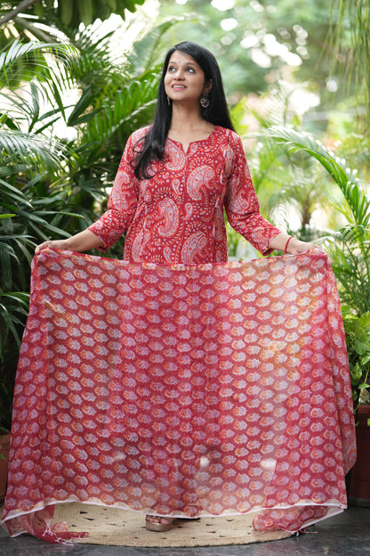 Ravishing Red Cotton Handblock Suit Set