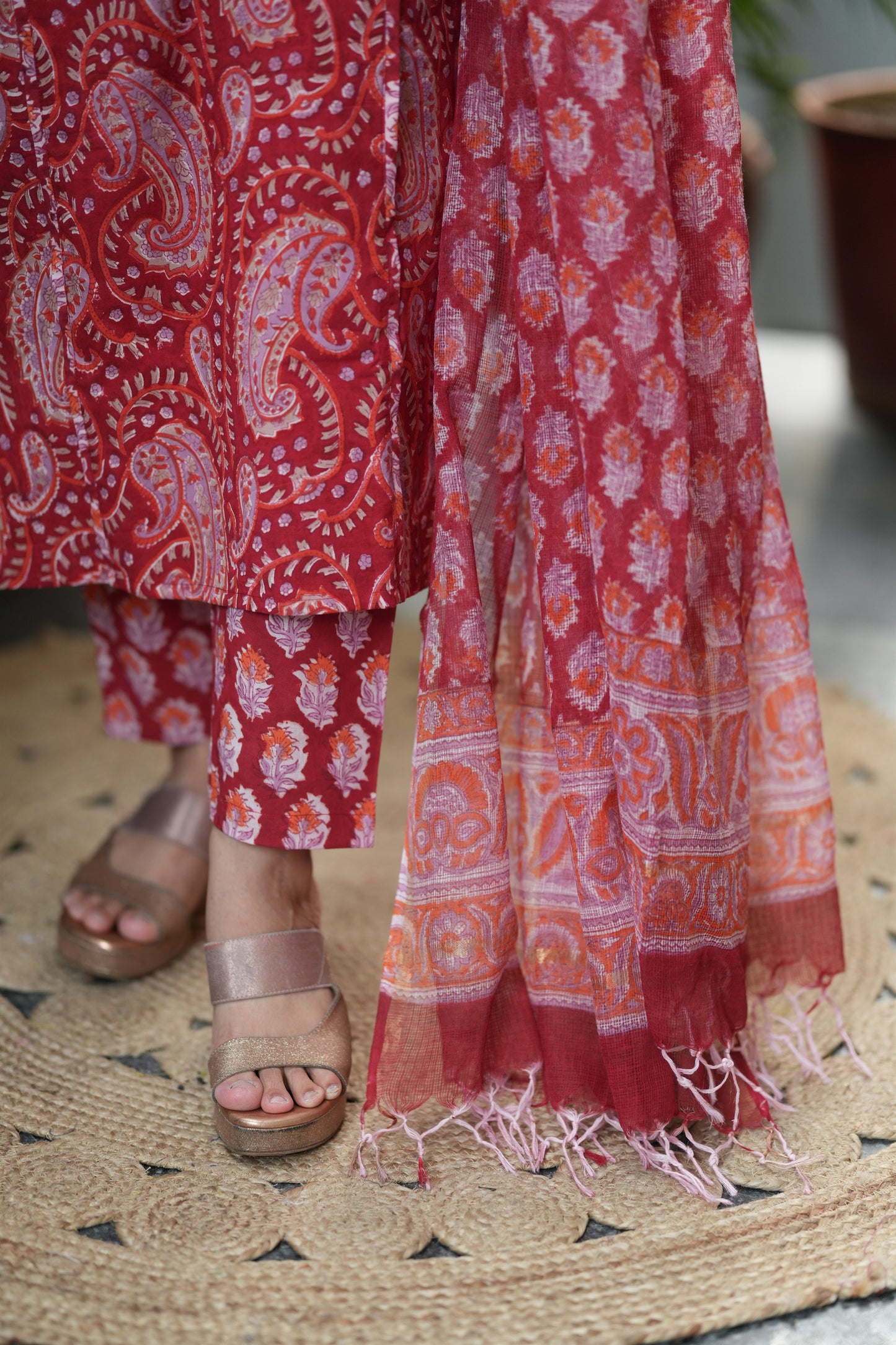 Ravishing Red Cotton Handblock Suit Set