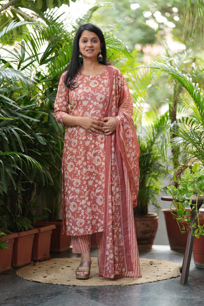 Orange Floral Print Cotton Suit Set