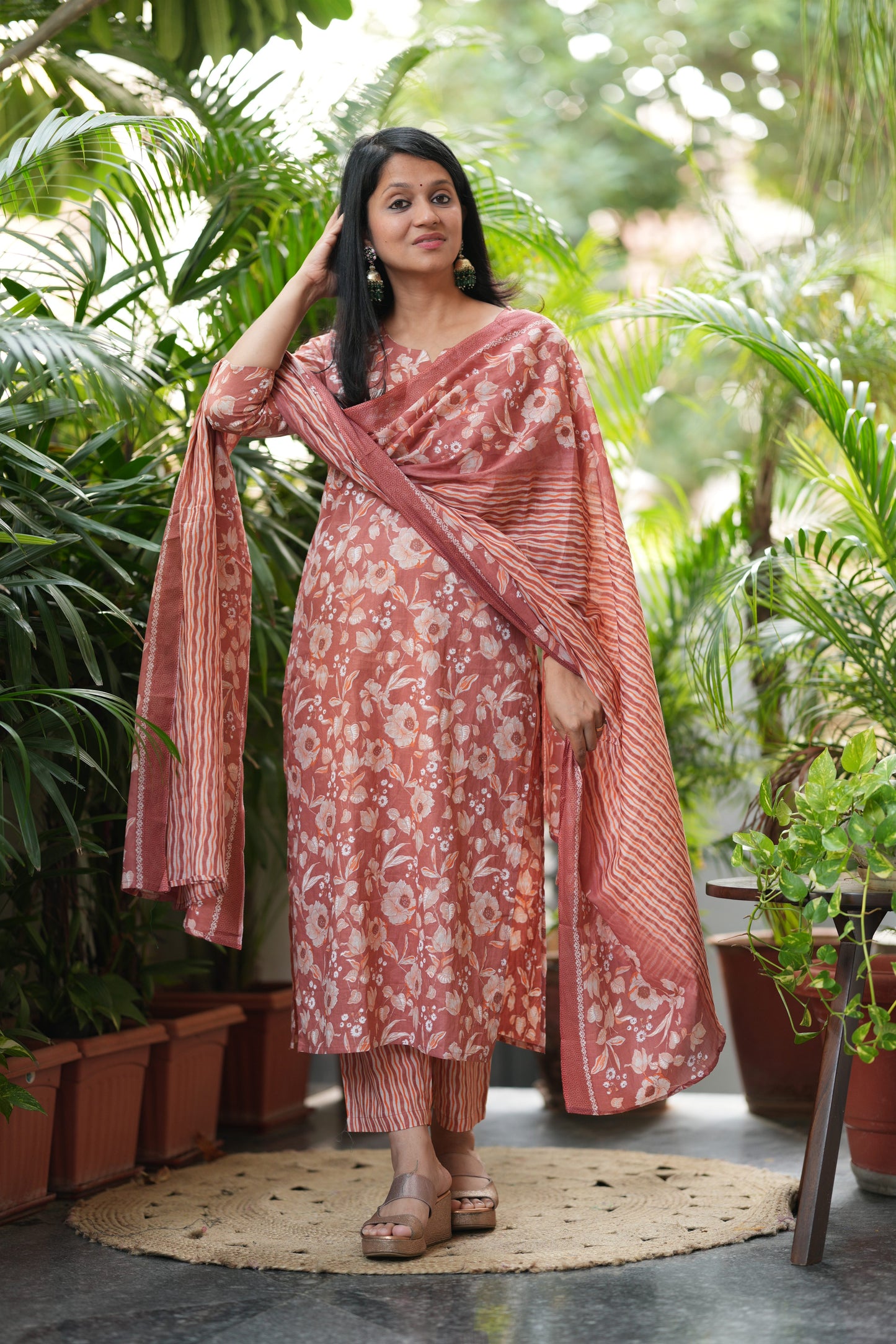 Orange Floral Print Cotton Suit Set