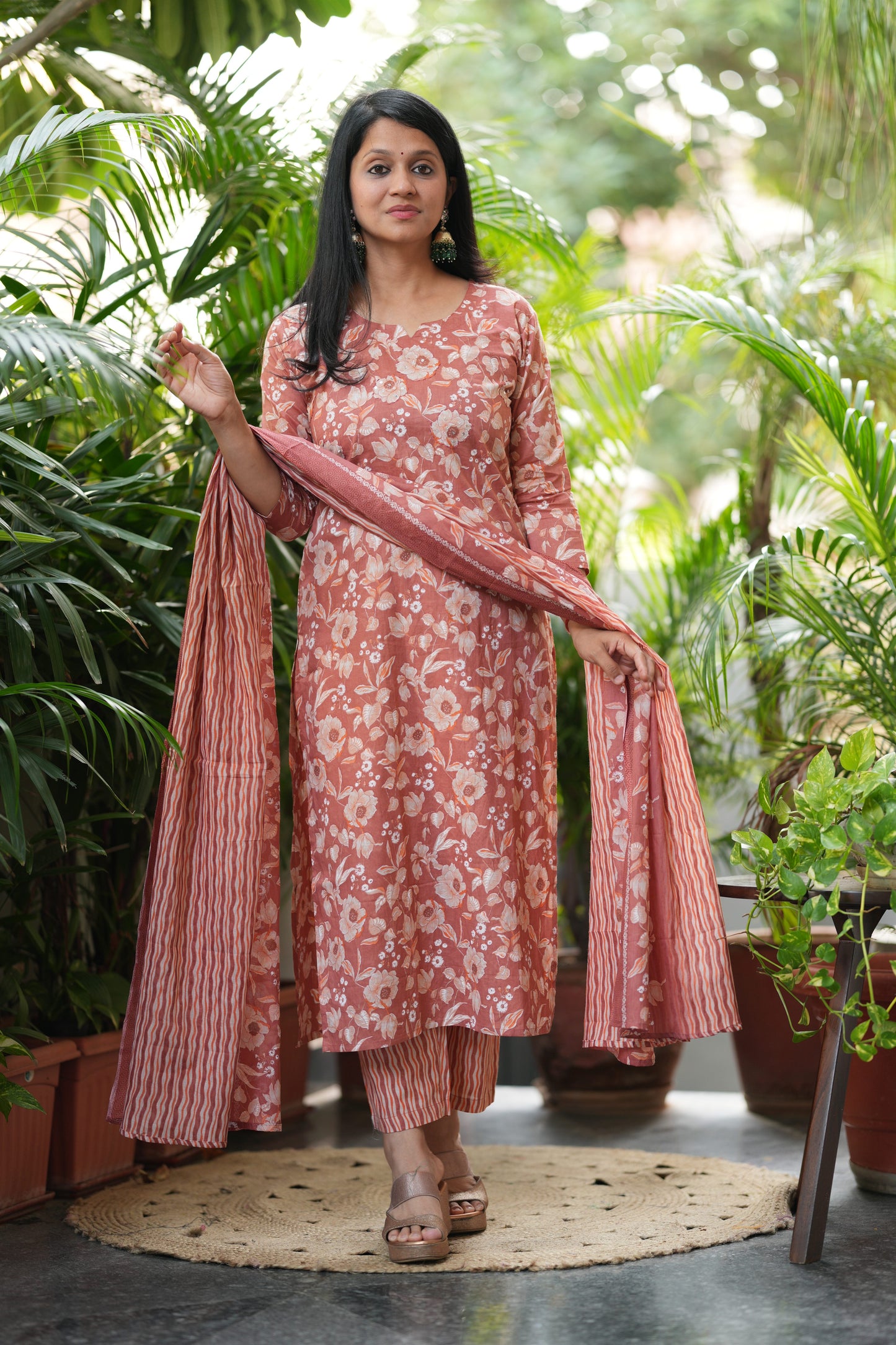 Orange Floral Print Cotton Suit Set