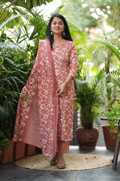 Orange Floral Print Cotton Suit Set