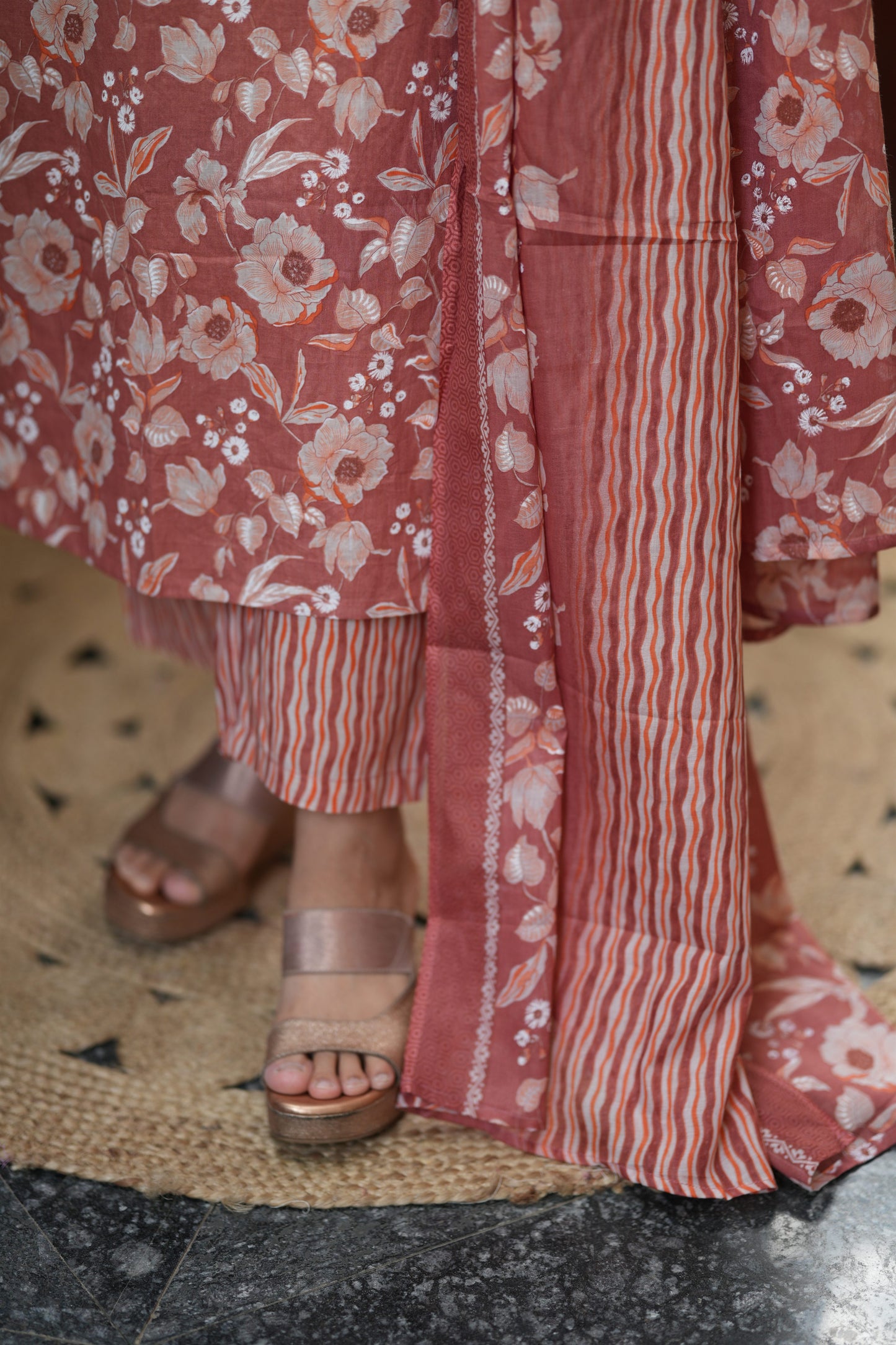 Orange Floral Print Cotton Suit Set