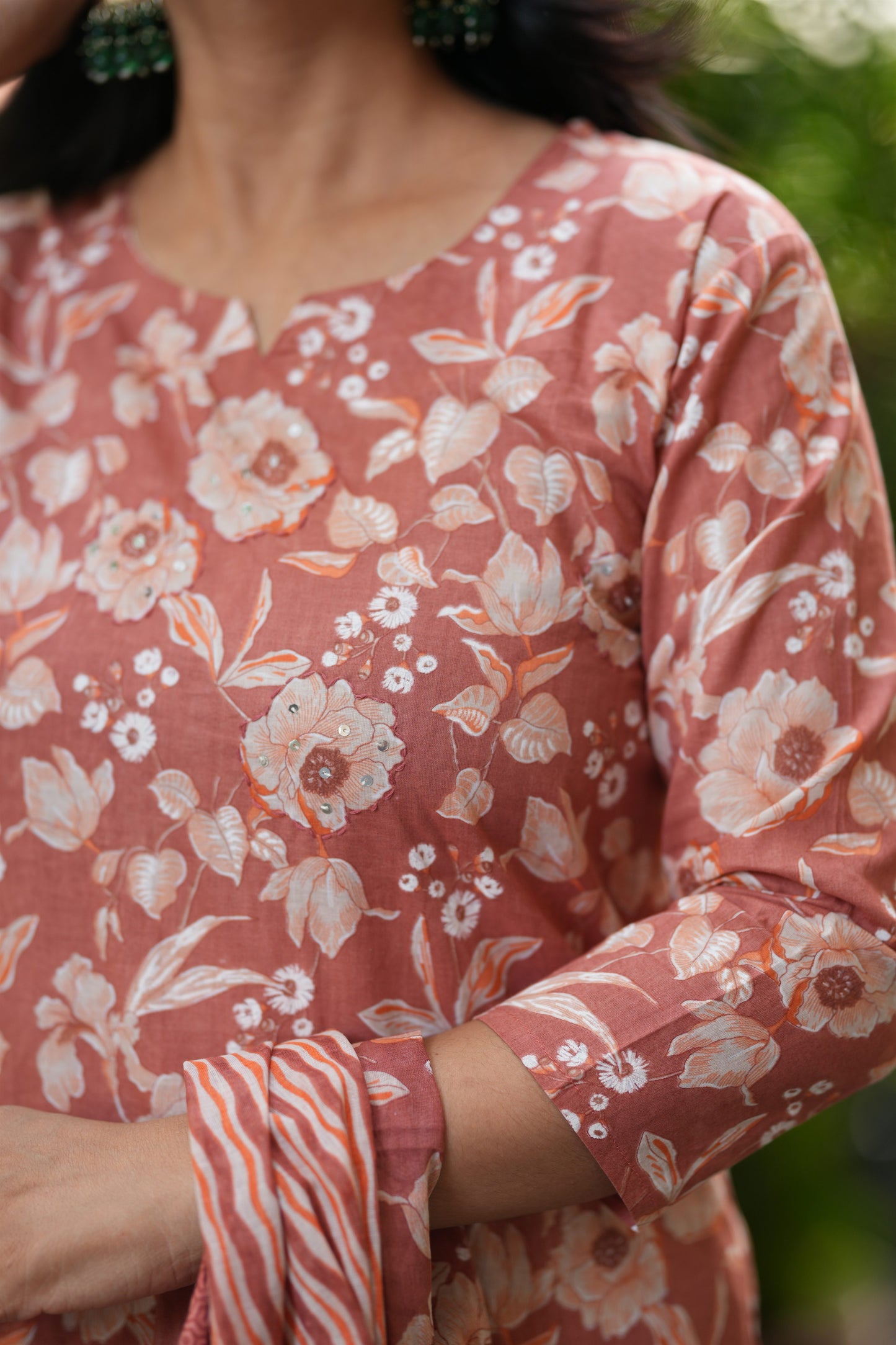 Orange Floral Print Cotton Suit Set