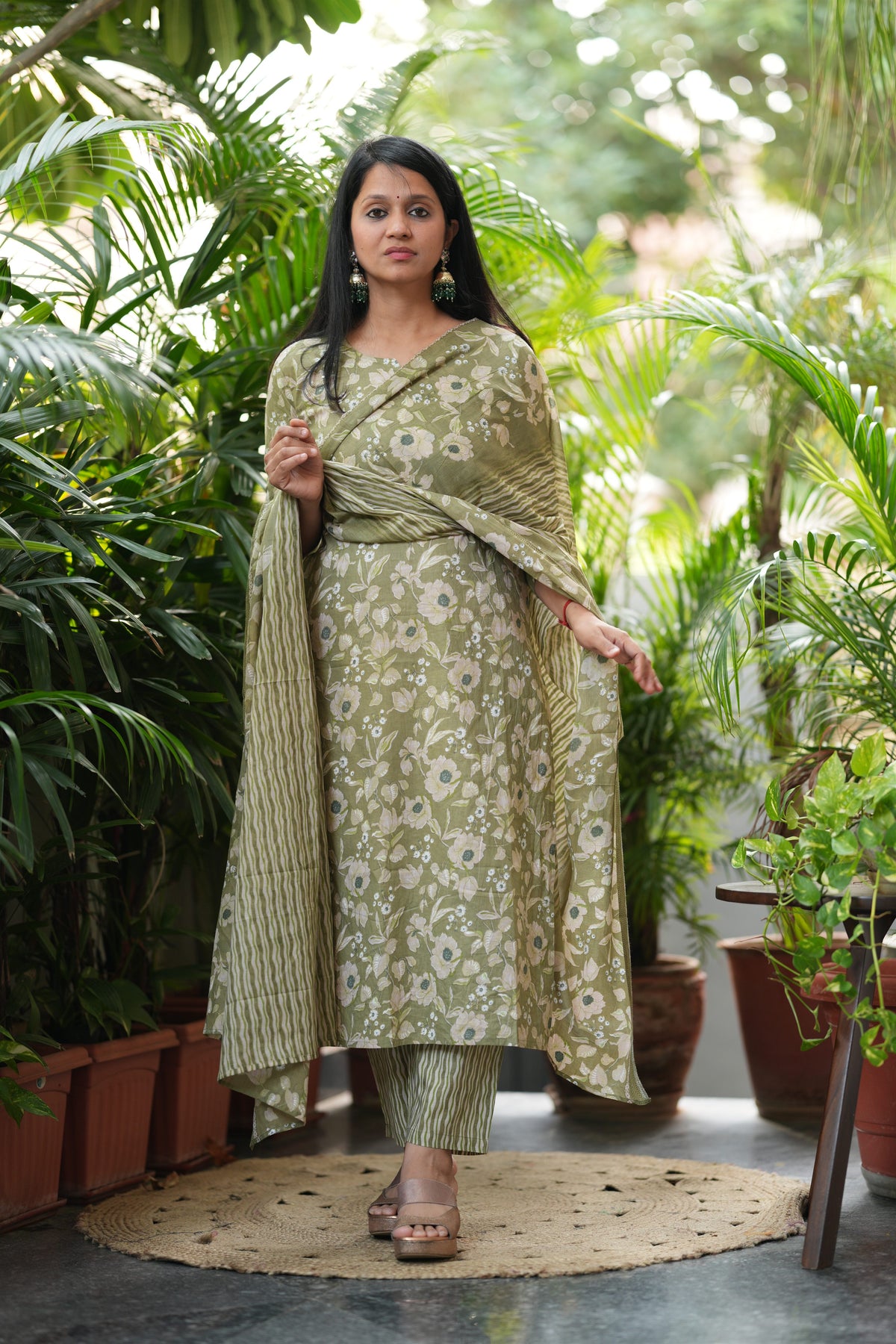 Green Floral Print Cotton Suit Set