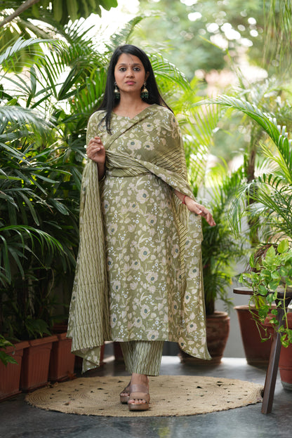 Green Floral Print Cotton Suit Set