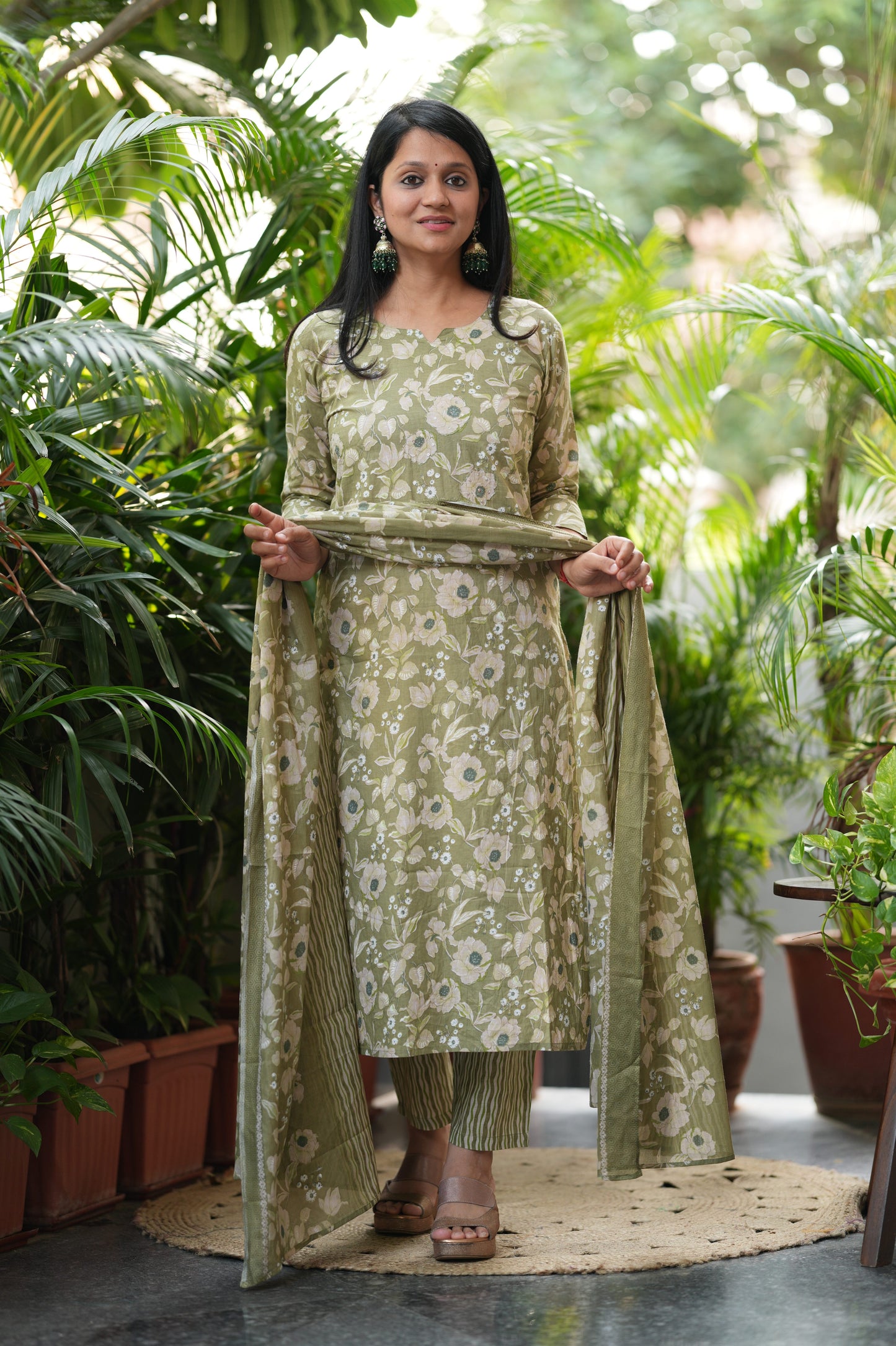 Green Floral Print Cotton Suit Set