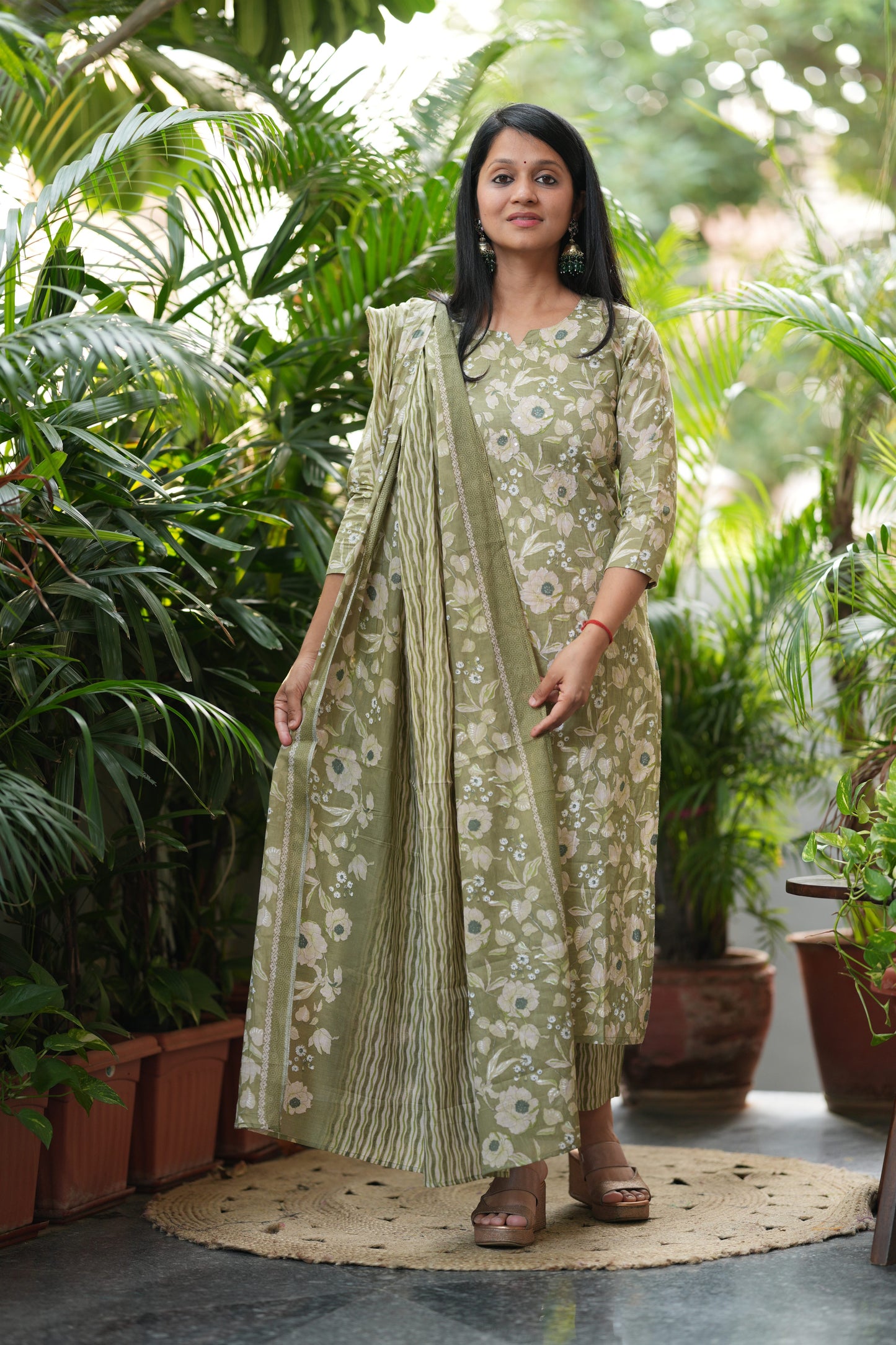 Green Floral Print Cotton Suit Set