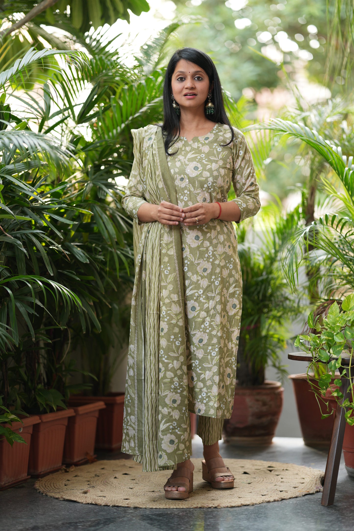 Green Floral Print Cotton Suit Set