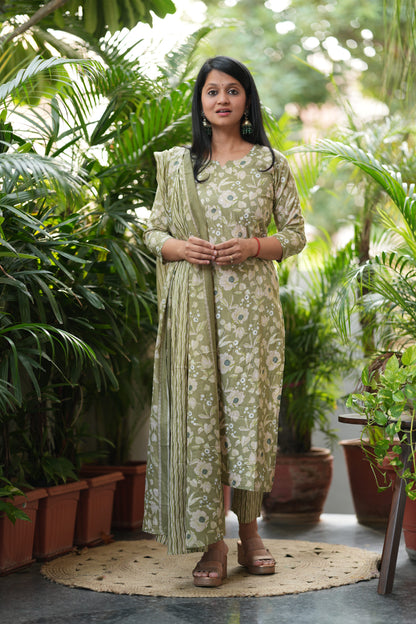 Green Floral Print Cotton Suit Set