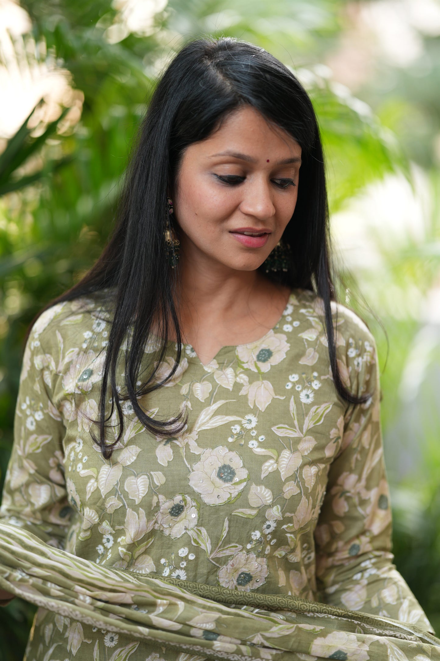 Green Floral Print Cotton Suit Set