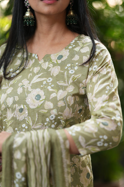 Green Floral Print Cotton Suit Set