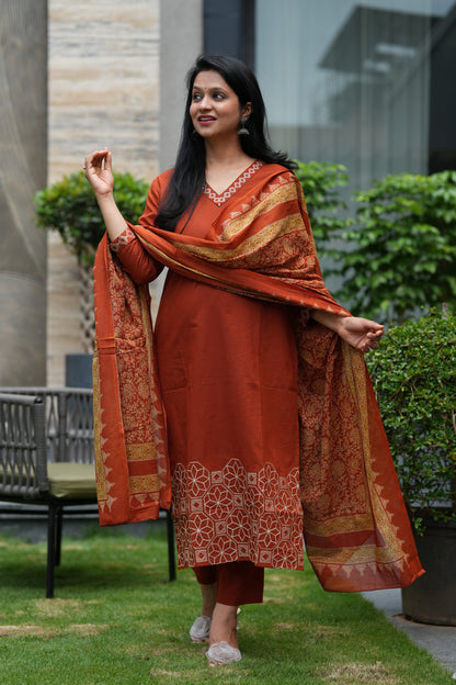 Raina Embroidered Orange Cotton Suit Set