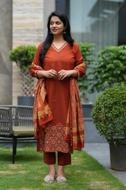 Raina Embroidered Orange Cotton Suit Set