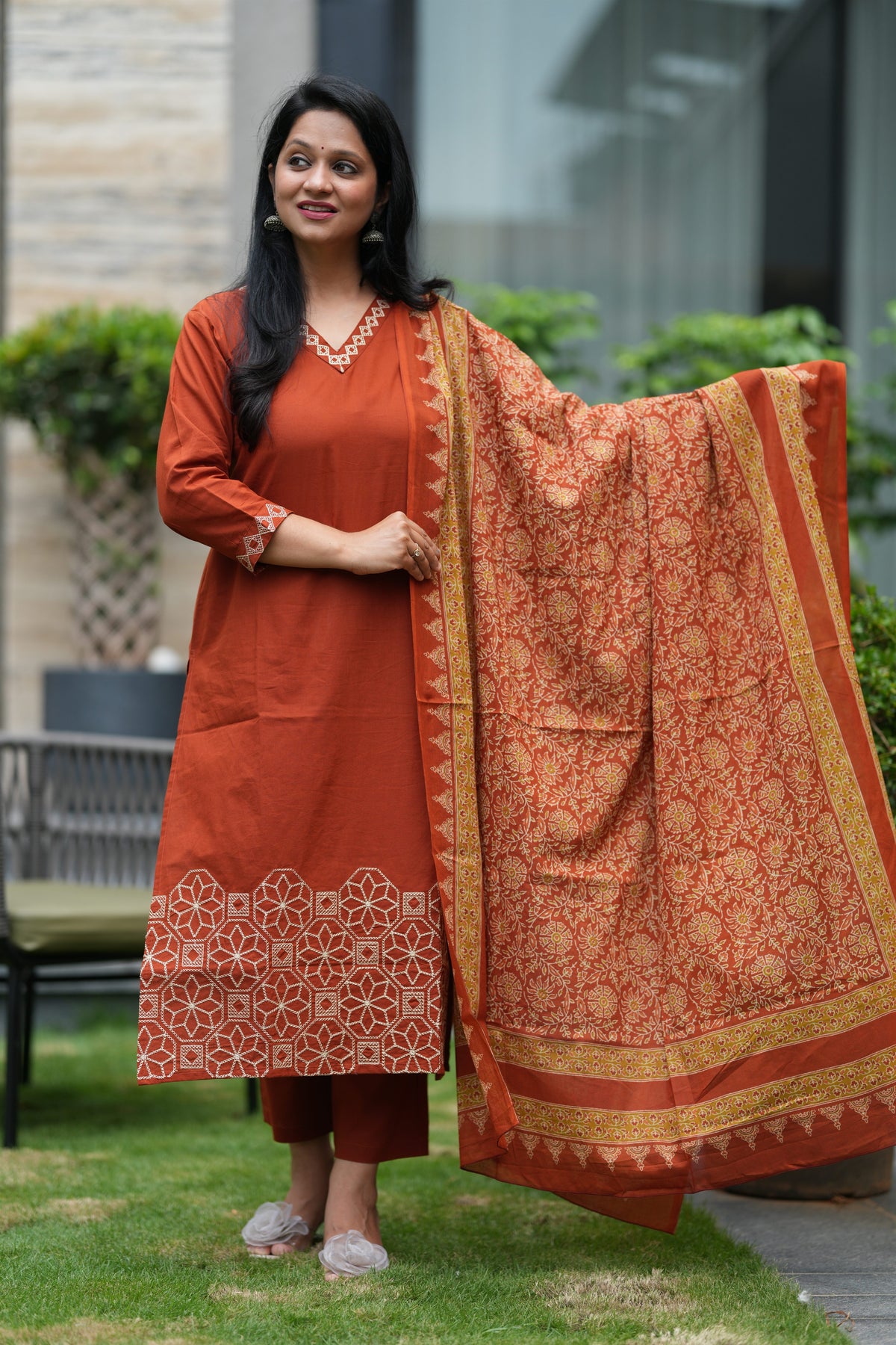 Raina Embroidered Orange Cotton Suit Set