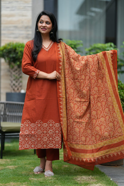 Raina Embroidered Orange Cotton Suit Set