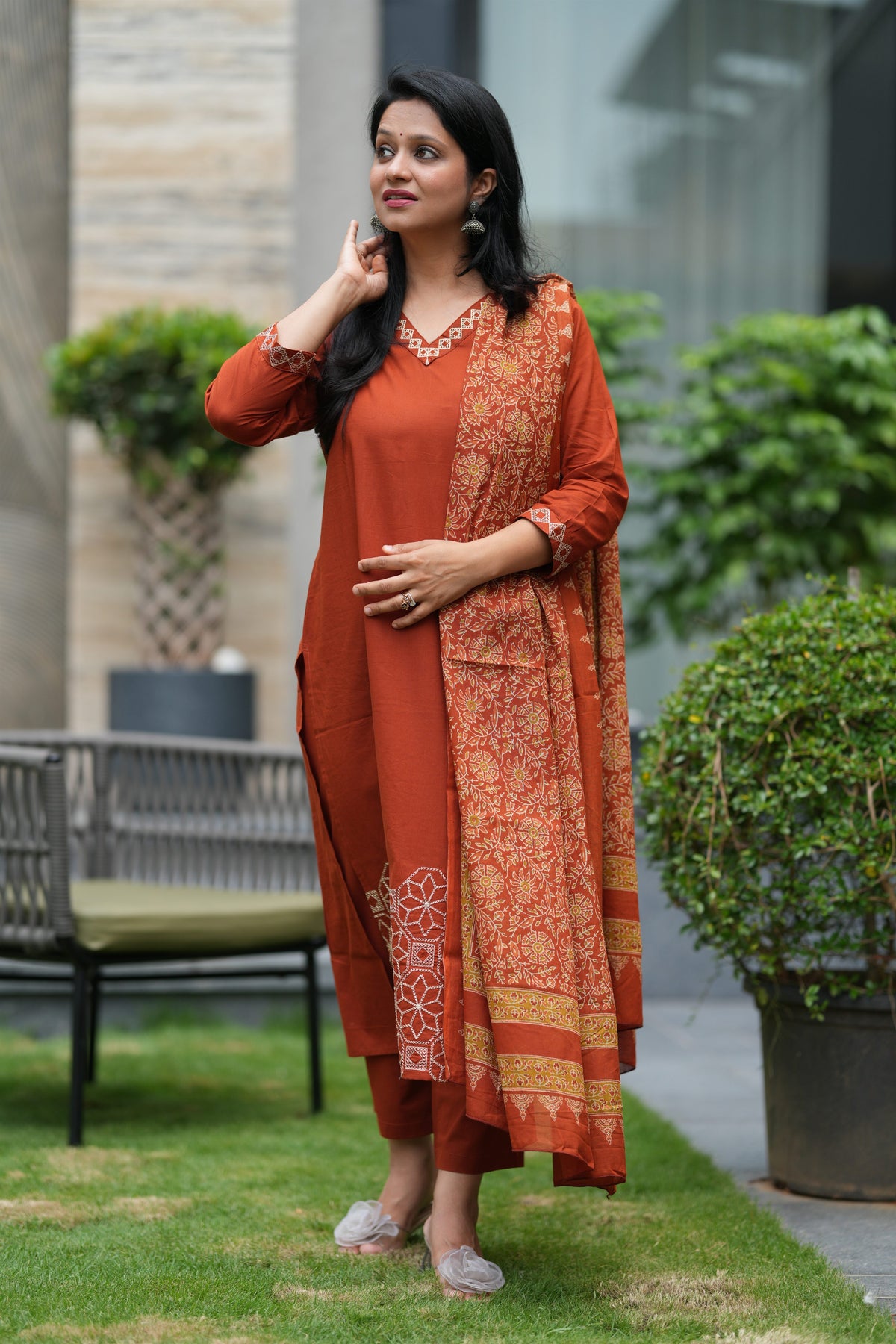 Raina Embroidered Orange Cotton Suit Set