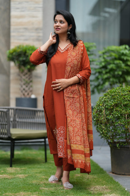 Raina Embroidered Orange Cotton Suit Set