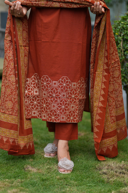 Raina Embroidered Orange Cotton Suit Set