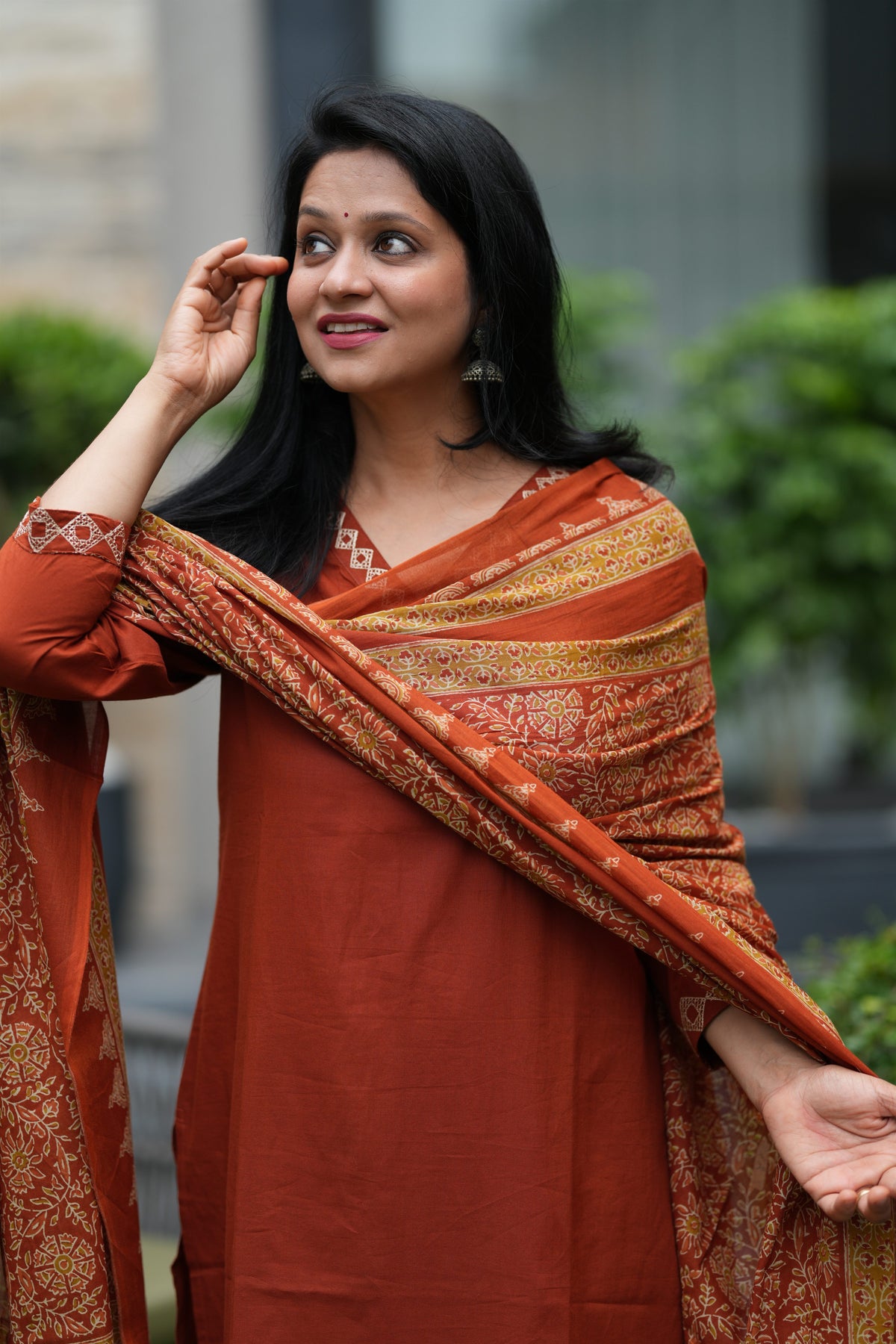 Raina Embroidered Orange Cotton Suit Set