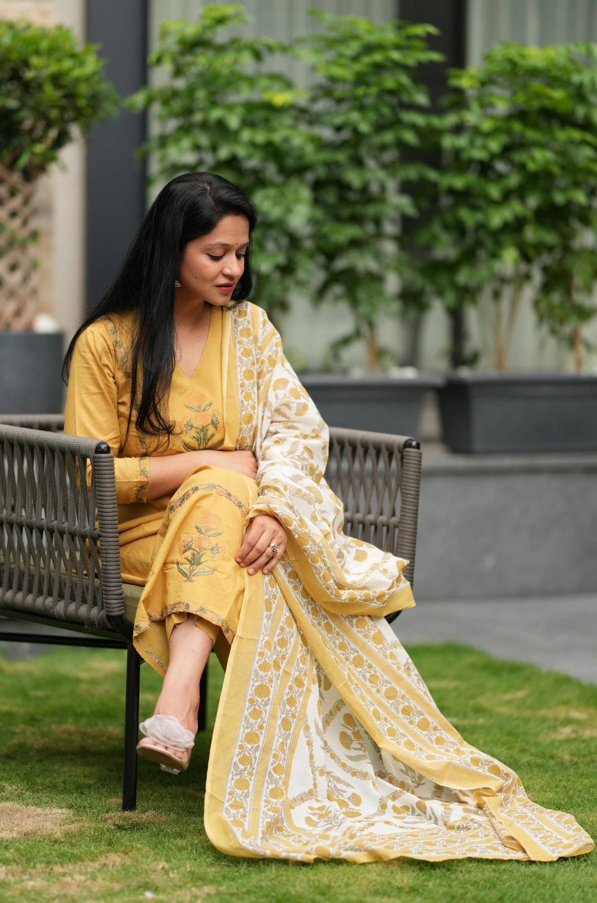 Kumud Mustard Embroidered Cotton Suit Set
