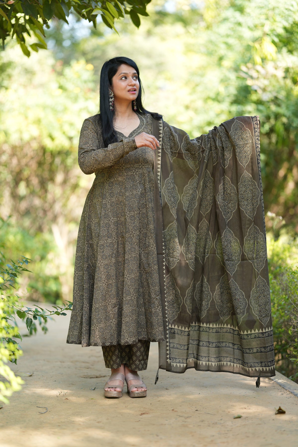 Nakhrali Ajrakh Print Cotton Anarkali Suit Set