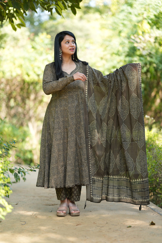 Nakhrali Ajrakh Print Cotton Anarkali Suit Set