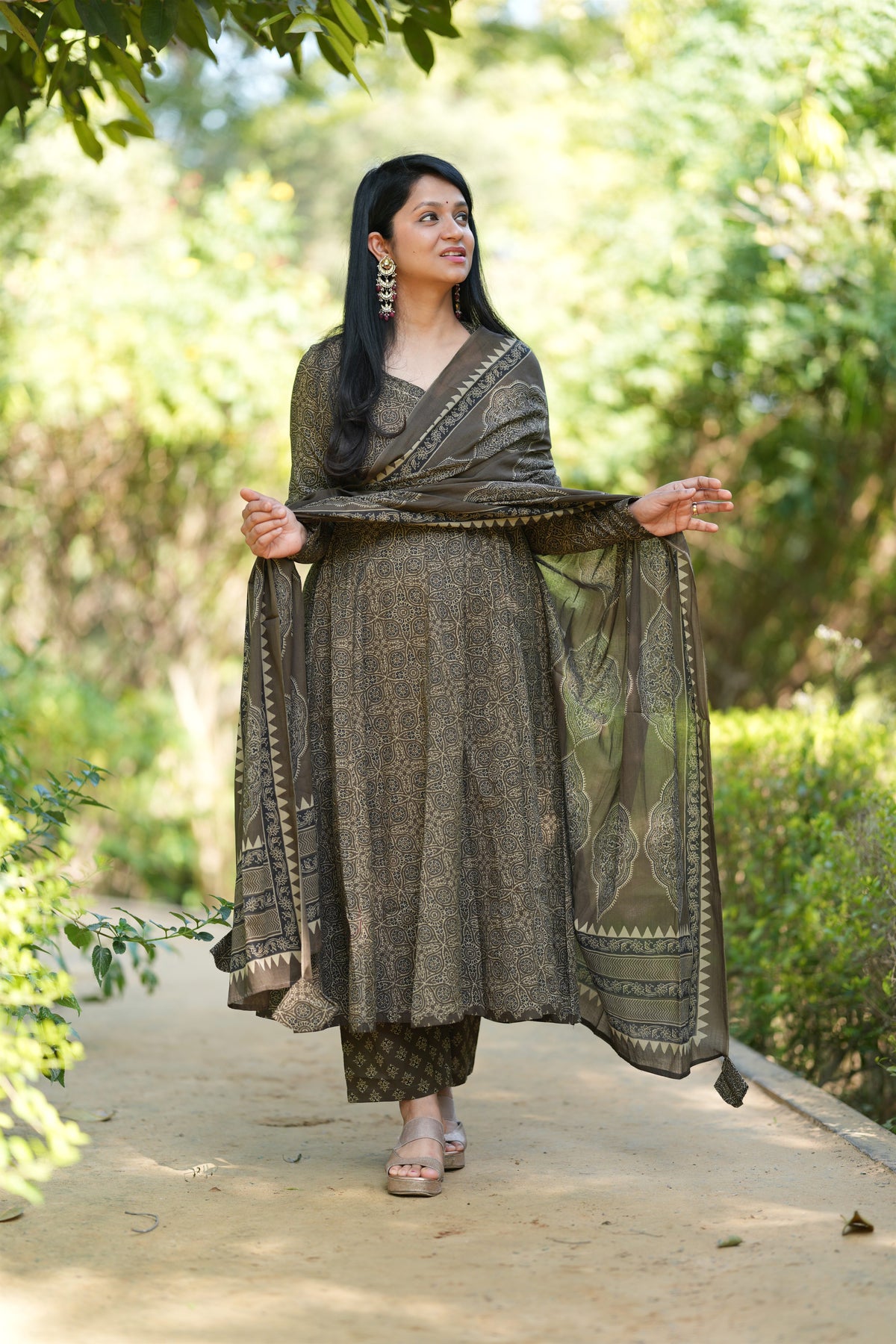 Nakhrali Ajrakh Print Cotton Anarkali Suit Set