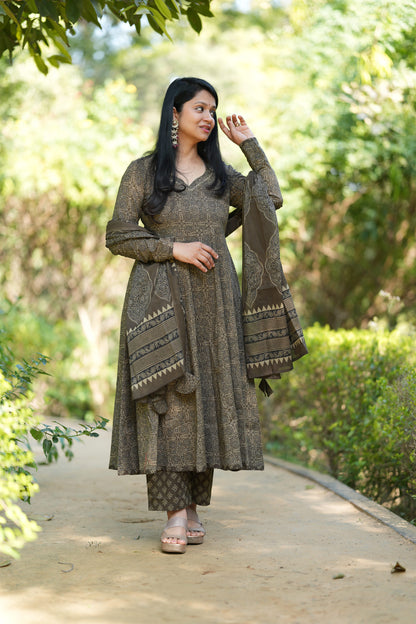 Nakhrali Ajrakh Print Cotton Anarkali Suit Set