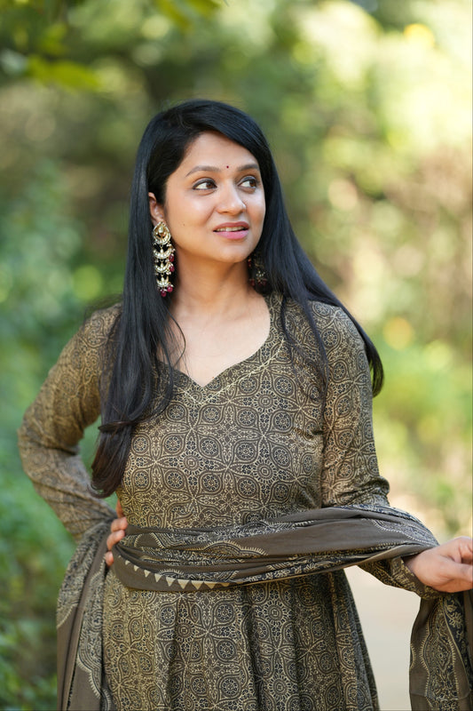 Nakhrali Ajrakh Print Cotton Anarkali Suit Set