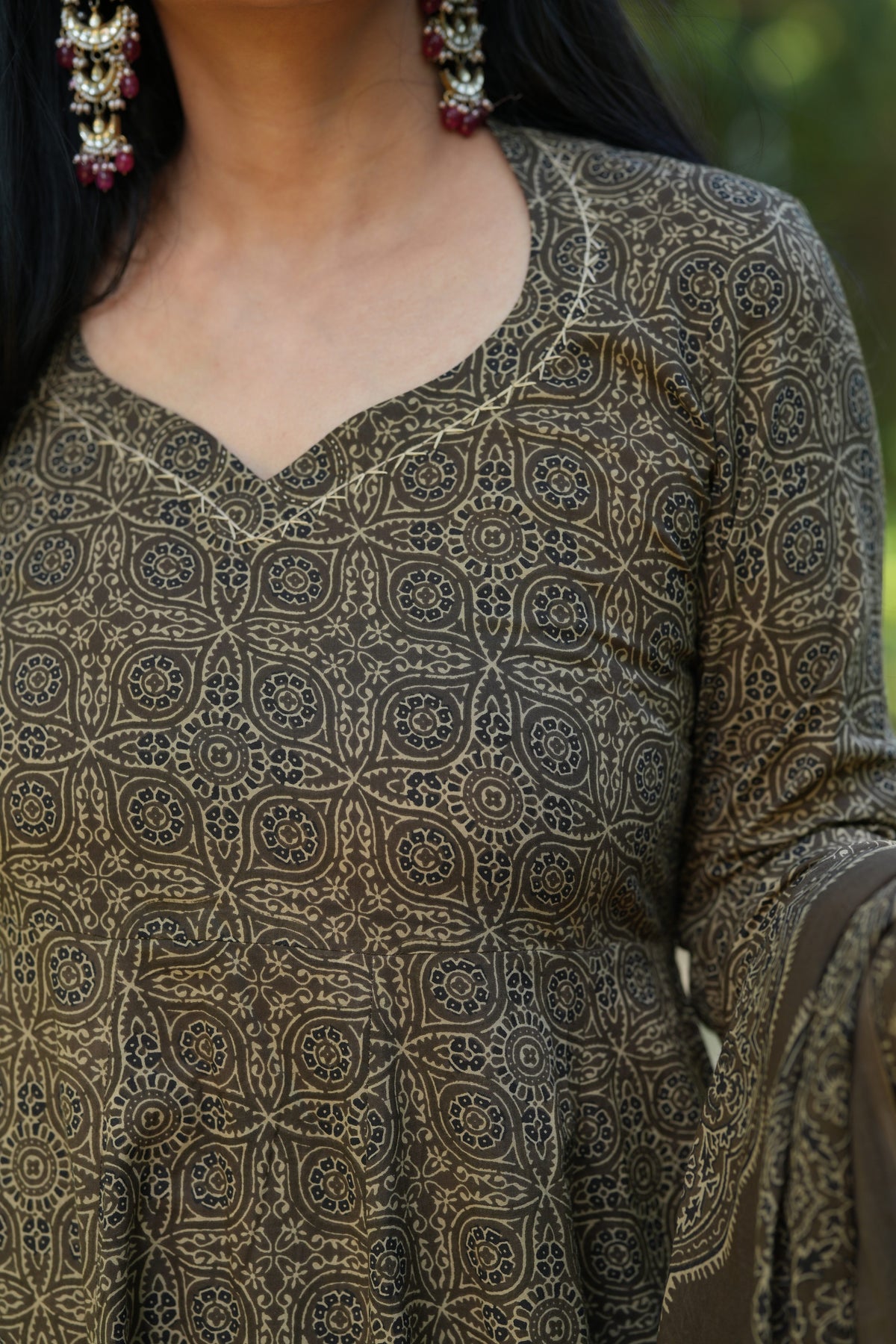 Nakhrali Ajrakh Print Cotton Anarkali Suit Set