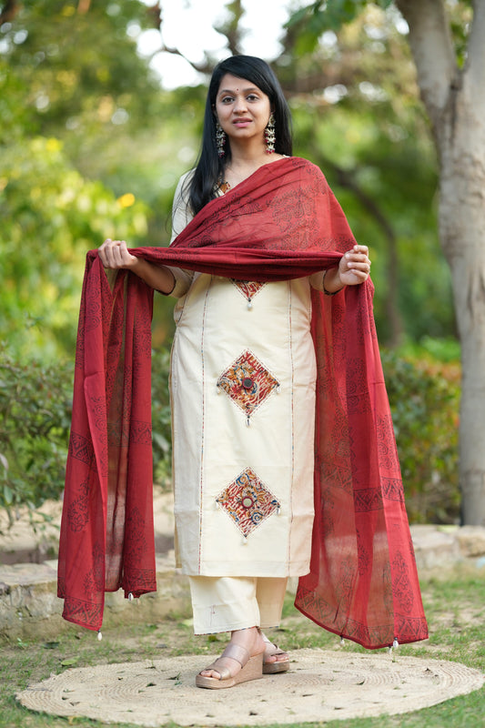 Off White Kutch Patchwork Suit Set