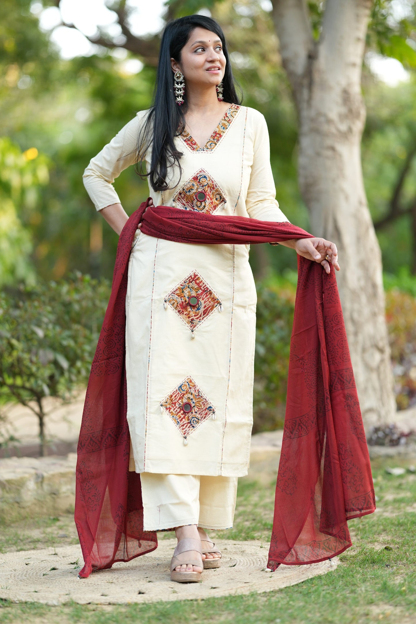 Off White Kutch Patchwork Suit Set