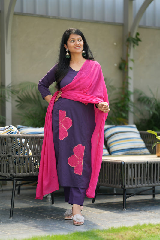 Kairali Purple Applique Cotton Suit Set
