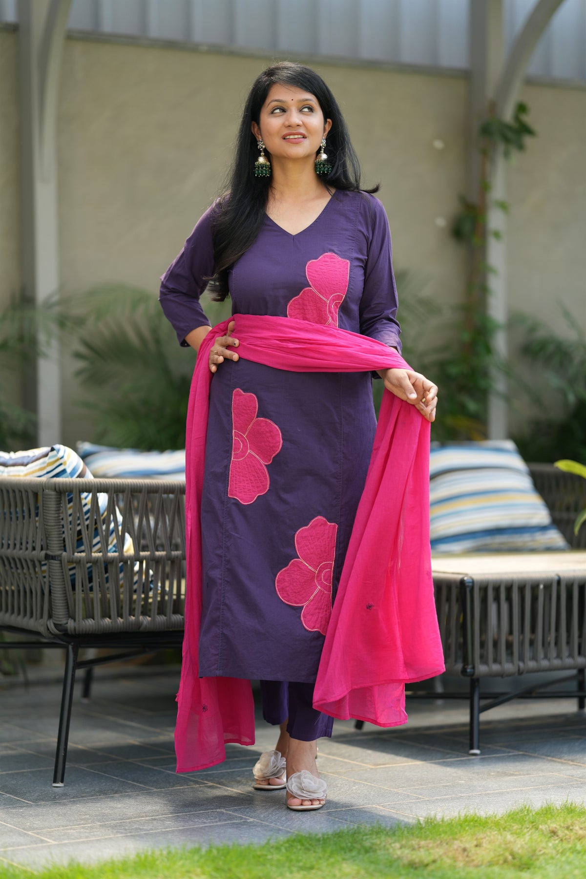 Kairali Purple Applique Cotton Suit Set