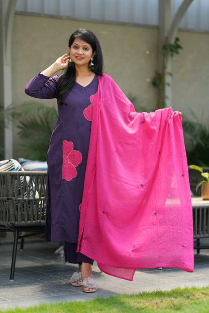 Kairali Purple Applique Cotton Suit Set